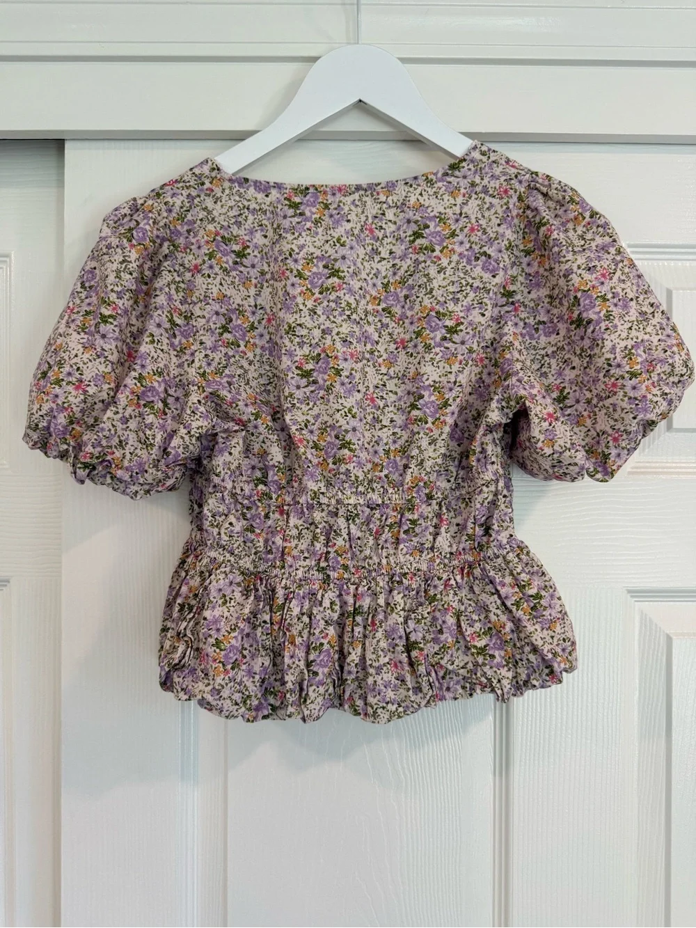 ASTR The Label Peplum Puff Sleeve Tie Front Pastel Floral Short Sleeve Blouse